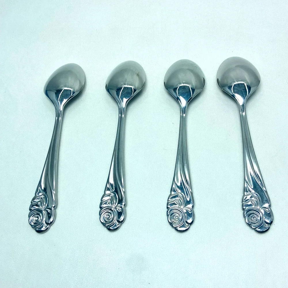 (4) Yamazaki Japan‎ Ribbon Rose Stainless Glossy Teaspoon Lot 6 3/8